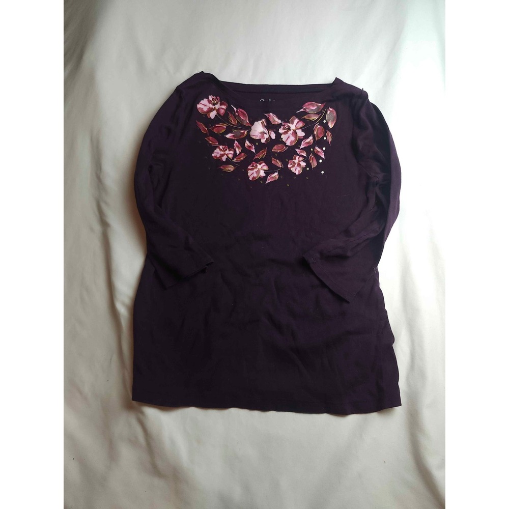 Croft & Barrow Shirt Women's Purple Floral Graphic 3/4 Sleeve Boat Neck Top - M